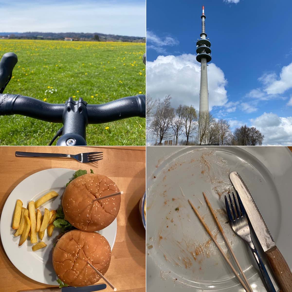 Fotocollage aus Rennradlenker, den Fernsehturm auf dem hohen Peißenberg, zwei Burger auf einem Teller mit einigen Pommes Frites und ein leerer Teller
